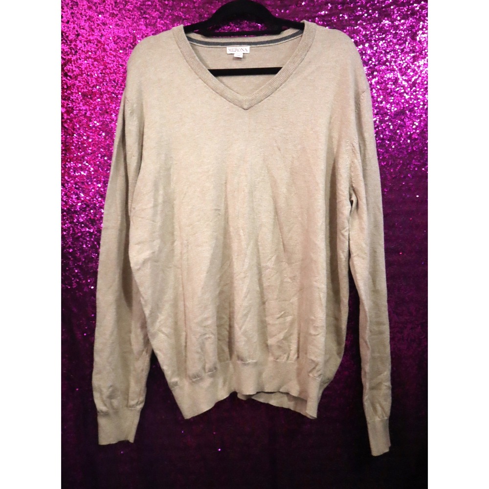 Tan V-Neck Sweater XL Merona Mens Cotton Long Sleeve Pullover Fall Wheat